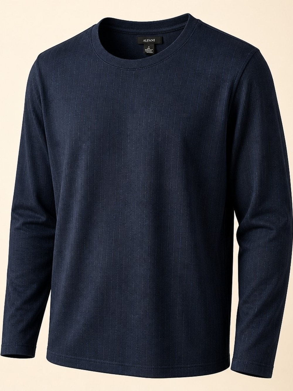 Alfani Mens L Navy Gray Pinstripe Long Sleeve Textured Stretch Crewneck Top 5065